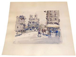 Signed Watercolor on Paper of Notre Dame