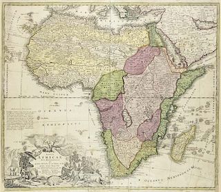 Totius Africae. Nova Repraesentatio ... Teilkolorierte Kupferstichkarte. Nuernberg, Homann, um 1720. Ca. 48,5 x 56,5 cm. Unte