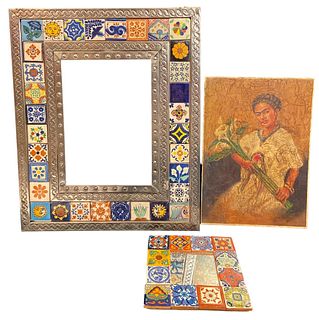Collection Mid Century Mexican Talavera Tile Frames and FRIDA KAHLO Print