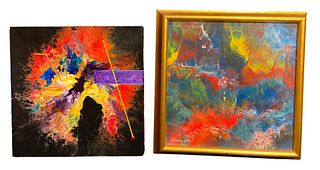 Two Artist Signed Acrylic Pour Works 