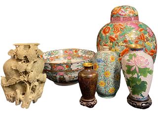 Collection Chinese Rose Famille Porcelain & Soapstone Ginger Jar, Vases, & Bowl