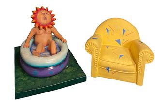 Post Modern L'AQUILONE Italian Ceramic Club Chair & Signed Bathing Sun Man Sculpture