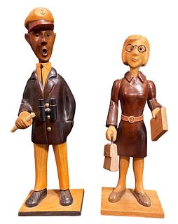 Mid Century Italian Carved Wood Occupational Statues Sea Captain & Business Woman