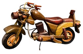 Small Carved Wood Moveable Motorcycle 