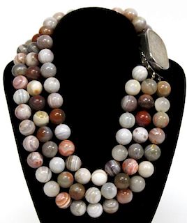 Chinese Triple Strand Agate Bead Necklace