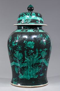 Oversized Chinese Porcelain Black and Green Covered Jar