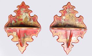 Pair Chinese Red Lacquer Wall Shelves