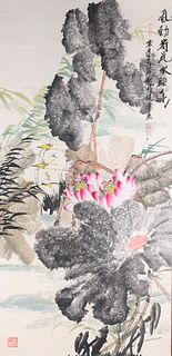 Vintage Chinese Scroll, Cranes and Black Lotus