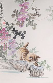 Vintage Chinese Scroll, Kitten by Pond
