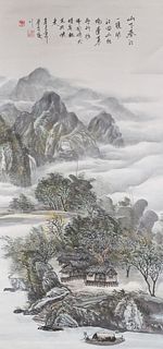 Vintage Chinese Scroll, River Valley Landscape