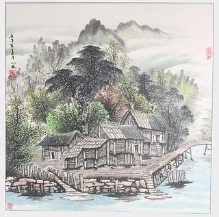 Vintage Chinese Scroll, River Village