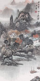 Vintage Chinese Scroll, River Village Landscape