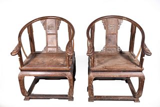 Pair Vintage Carved Chinese Horseshoe Chairs