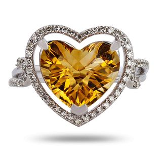 14K White Gold Ring with Heart Shaped Citrine and Diamond