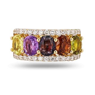 18K Yellow Gold Ring with Multi-Color Sapphire and Diamond