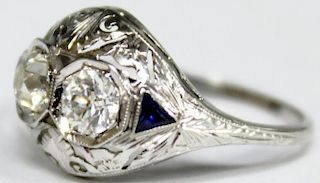 18K White Gold, Mine-Cut Diamond, & Sapphire Ring