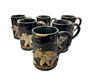 Set Of 6 Japanese Sumida Mugs, Elephant