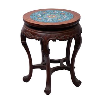 A Rosewood Stool With Inset Cloisonne Plaque