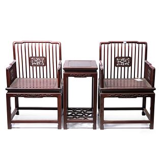 Three Wood Carved Chairs And Table