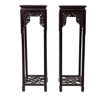 Pair Of Chinese Rosewood High Plant Pedesta Stands