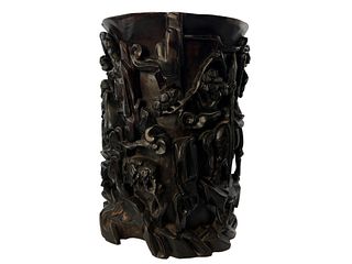 Large Wood Carved Open Work Brush Pot