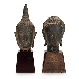 Two Busts Of Buddha Thai Bronze On Wooden Bases