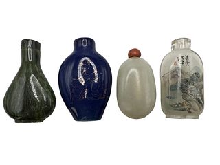 Group Of 4 Snoff Bottles, Jade / Porcelain /Glass