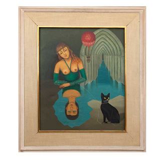LEOPOLDO ESTRADA, Sin título (mujer con gato). Firmado Óleo sobre tela. 62 x 50 cm