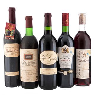 Lote de Vinos Tintos de Francia. Côtes de la Malepére. Mas Séguala. En presentaciones de 750 ml. Total de piezas: 5.