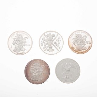 Cinco monedas en plata .999. 500 Aniversario de la fusión de dos culturas. Certificado de autenticidad. Estuche en madera orig...