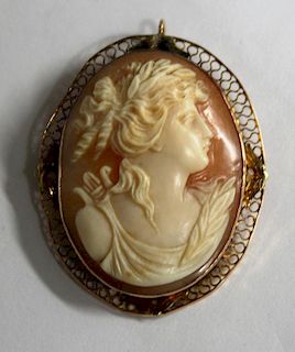 Victorian Shell & 14K Gold Cameo of Diana