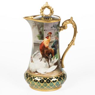 GERMAN SIGNED HAND-PAINTED CHICKEN MOTIF PORCELAIN COFFEE POT
