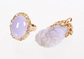 14K Yellow Gold Lavender Jade Pendant and Ring
