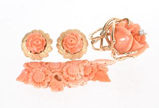 3 Piece 14K Carved Flower Coral Ring and Earrings
