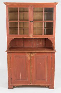 Red Washed Two-Part Dutch Cupboard