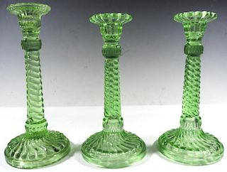 3 Green Pressed Glass Candlesticks