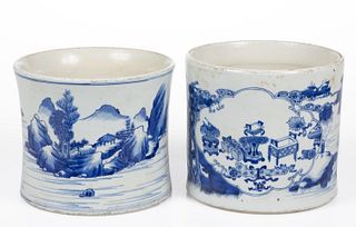 CHINESE EXPORT PORCELAIN BLUE AND WHITE BRUSH POTS, LOT OF TWO