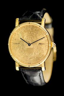 An 18 Karat Yellow Gold $20 Liberty Coin Automatic Wristwatch, Corum,