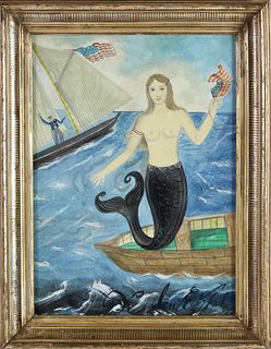 Kolene Spicher Watercolor on Paper "Portrait of a Mermaid Holding an American Flag"