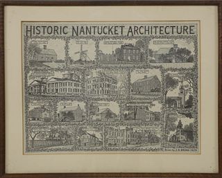 Historic Nantucket Architecture Print, Drawn and Printed by J.D. Bryan, 1979
