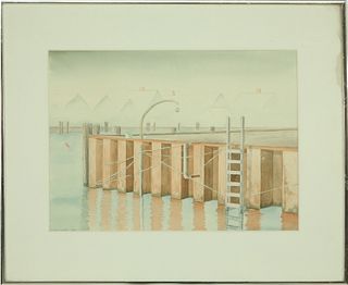 Cindy Lydon Watercolor on Paper "View of Nantucket Wharf"