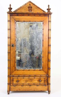 Miniature Faux Bamboo Mirrored Door Armoire, 19th Century