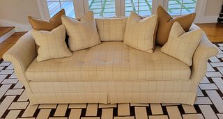 Custom Houndstooth Home Creme Upholstered Sofa and Six Pillows