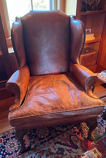 Queen Anne Style Leather Wing Chair with Studded Detail