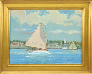 William Lowe Oil on Linen "Catboat Off the Yacht Club Nantucket"
