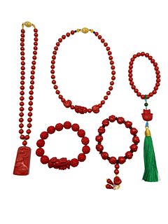 Group Of Five Red Beans Necklace And Bracelets