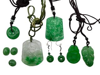 Group Of 10 Jadeite /Green Stone Jewelry