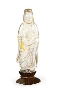Carved Quartz Guan Yin Figure On Wood Stand