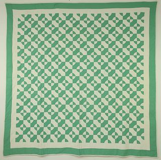 Vintage Green and White Circle in a Box Patchwork Quilt, circa 1930s