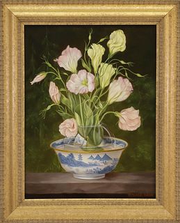 Irmgard Arvin Oil on Canvas "Ranunculus Bouquet in a Canton Bowl"